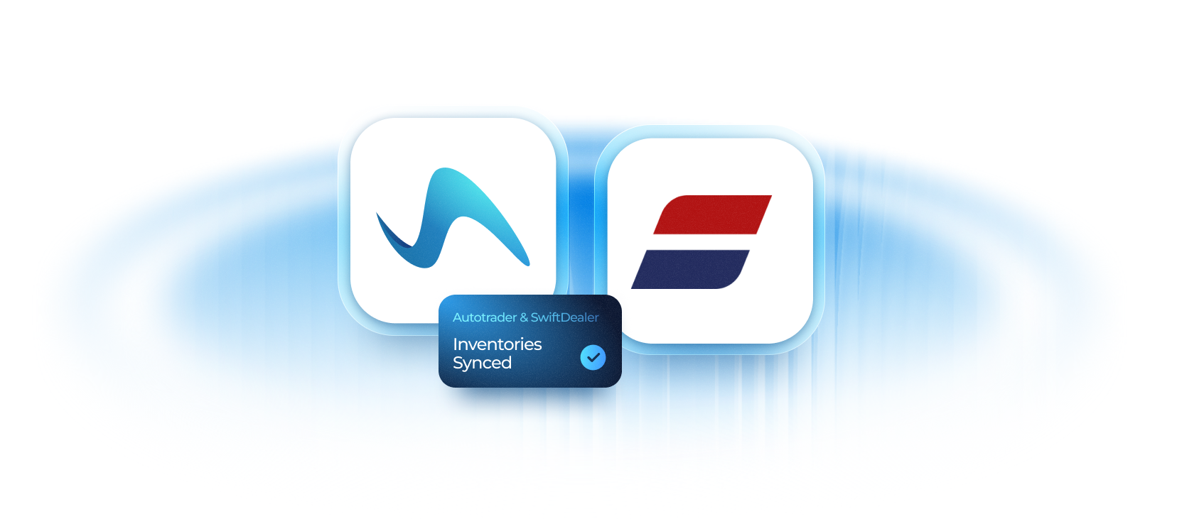 Autotrader and SwiftDealer logos with 'Inventories Synced' status, illustrating seamless integration.