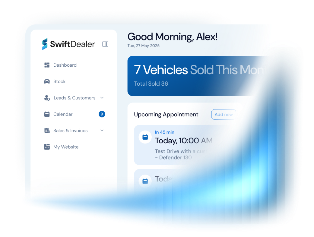 SwiftDealer dashboard showcasing its intuitive design and key features for dealership management.