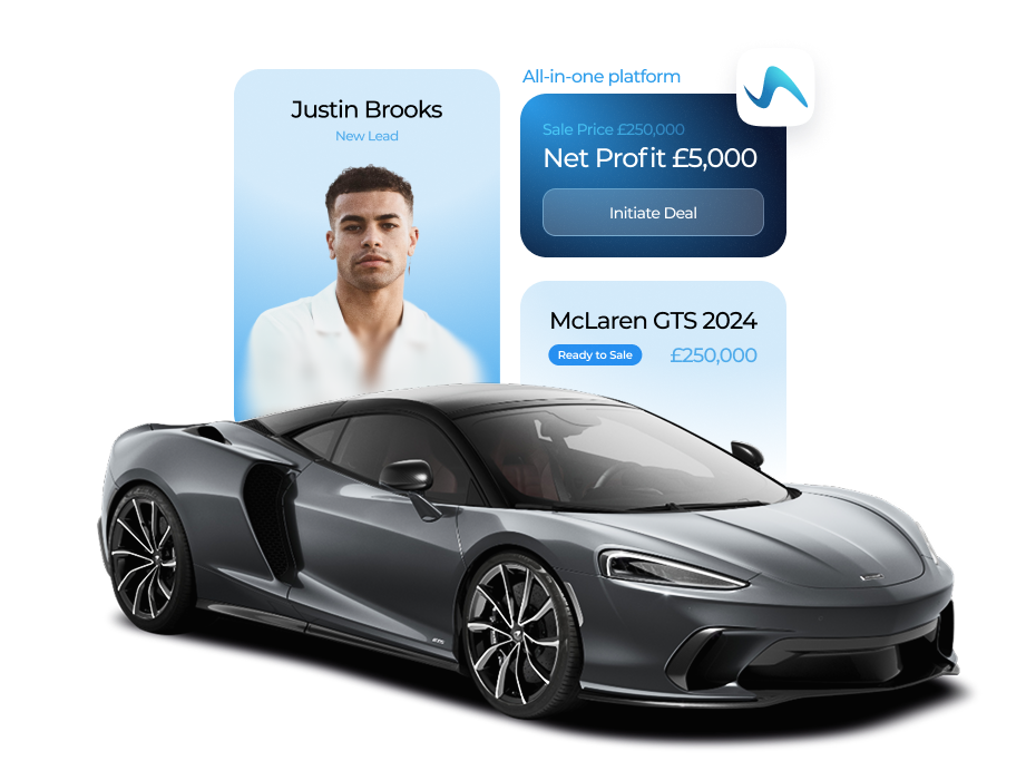 SwiftDealer platform showcasing a McLaren GTS and UI elements
