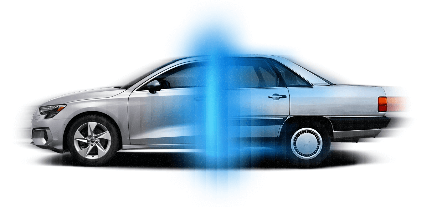Car transitioning from cluttered old style to modern streamlined style (mobile view).